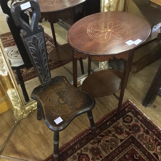 Edwardian oval 2 tier table, carved hall chair & old wooden malt shovel